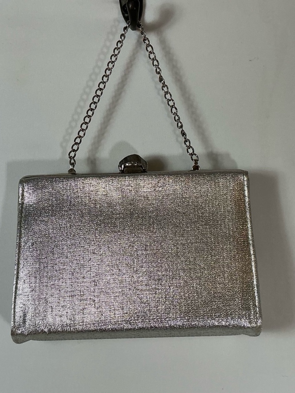 Metallic Silver Evening Box Clutch with Chain Handle